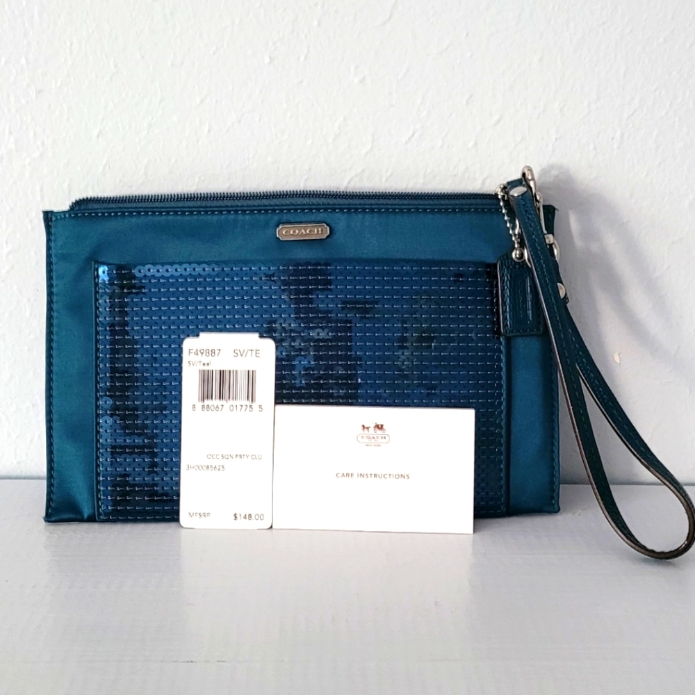 Coach Occasion Satin Sequine Party Wristlet - Teal